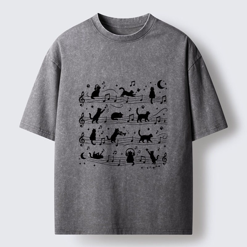 Tokyo-Tiger Music Staff Cats Funny Meme Washed T-Shirt