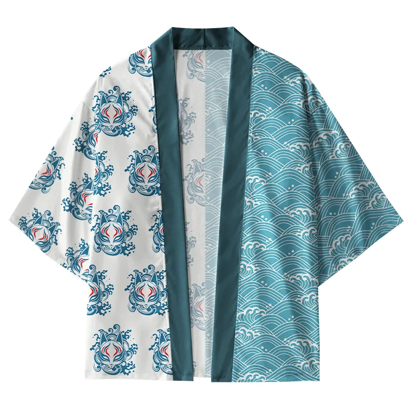 Tokyo-Tiger Waves And Fox Mask Kimono Cardigan Sale