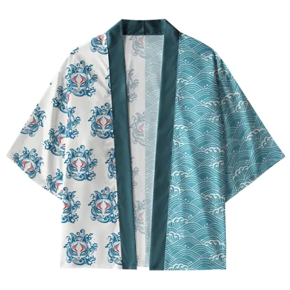 Tokyo-Tiger Waves And Fox Mask Kimono Cardigan