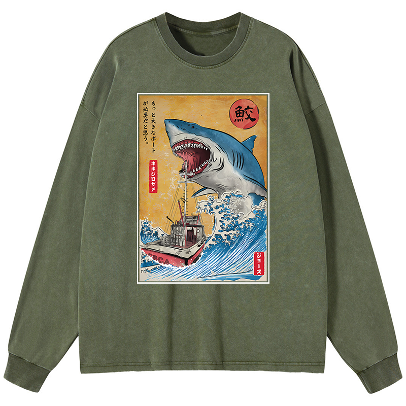 Tokyo-Tiger Ukiyoe Shark Japan Washed Long Sleeve T-Shirt