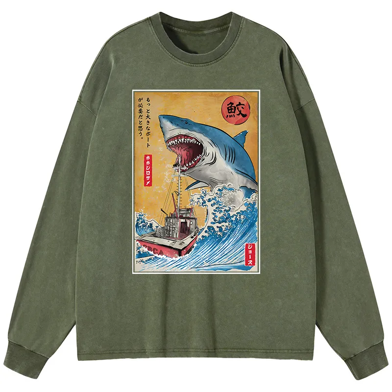 Tokyo-Tiger Ukiyoe Shark Japan Washed Long Sleeve T-Shirt