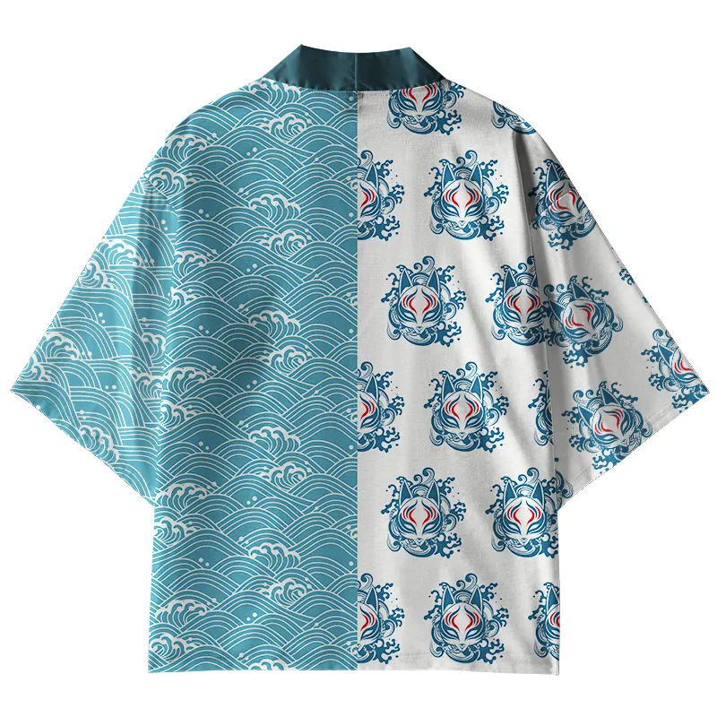 Tokyo-Tiger Waves And Fox Mask Kimono Cardigan