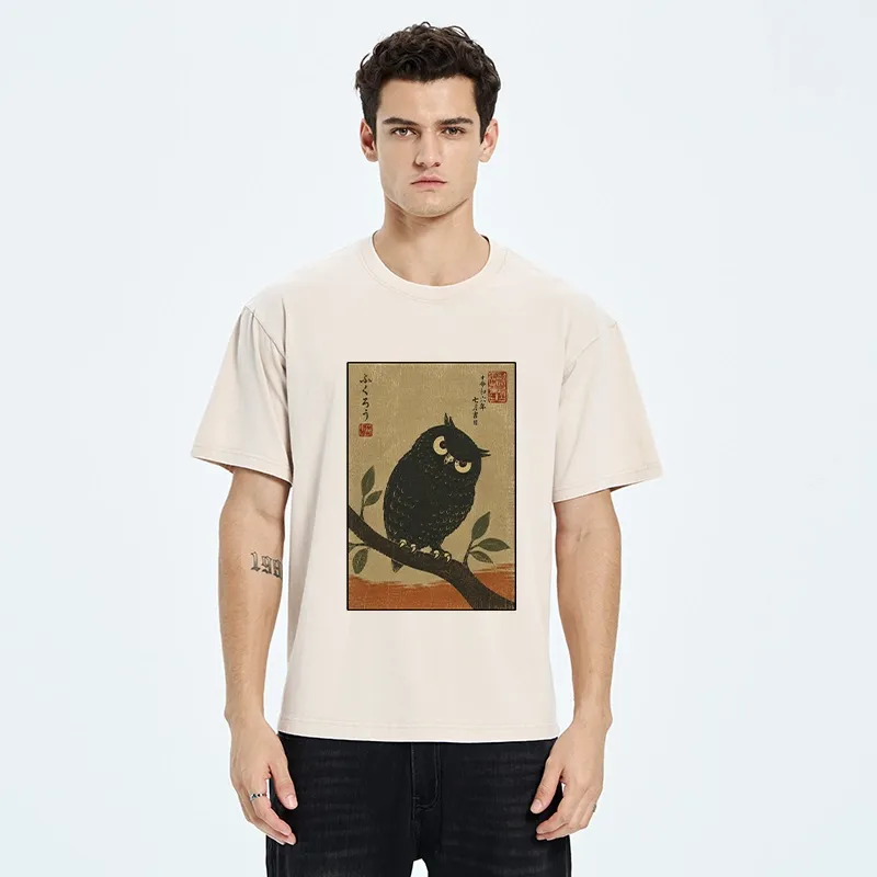 Tokyo-Tiger Traditional Black Owl Art Vibe Washed T-Shirt