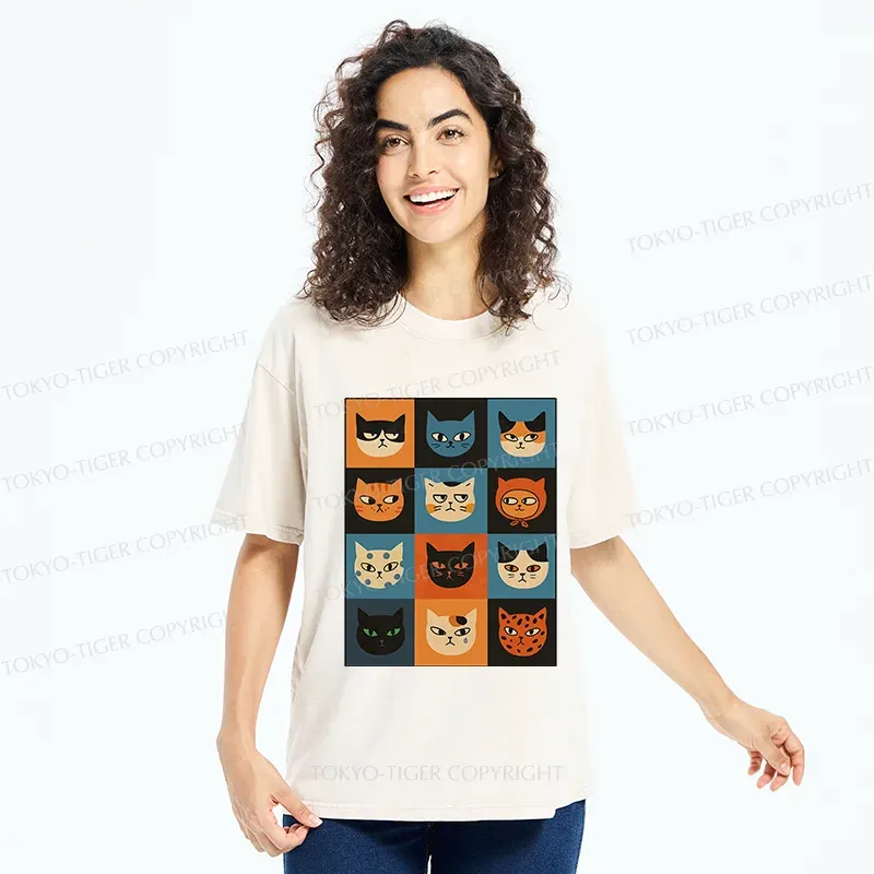 Tokyo-Tiger Cat Stamps Washed T-Shirt
