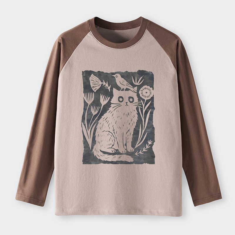 Tokyo-Tiger Folk Paper Cut Cat Bird Floral Art Raglan Long Sleeve T-shirt