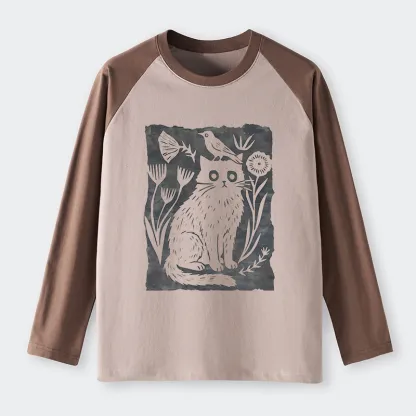 Tokyo-Tiger Folk Paper Cut Cat Bird Floral Art Raglan Long Sleeve T-shirt