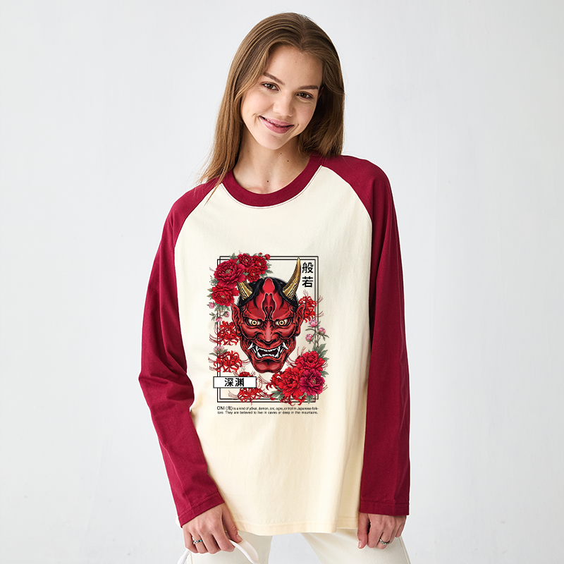 Tokyo-Tiger Cool Oni Floral Art Raglan Long Sleeve T-shirt