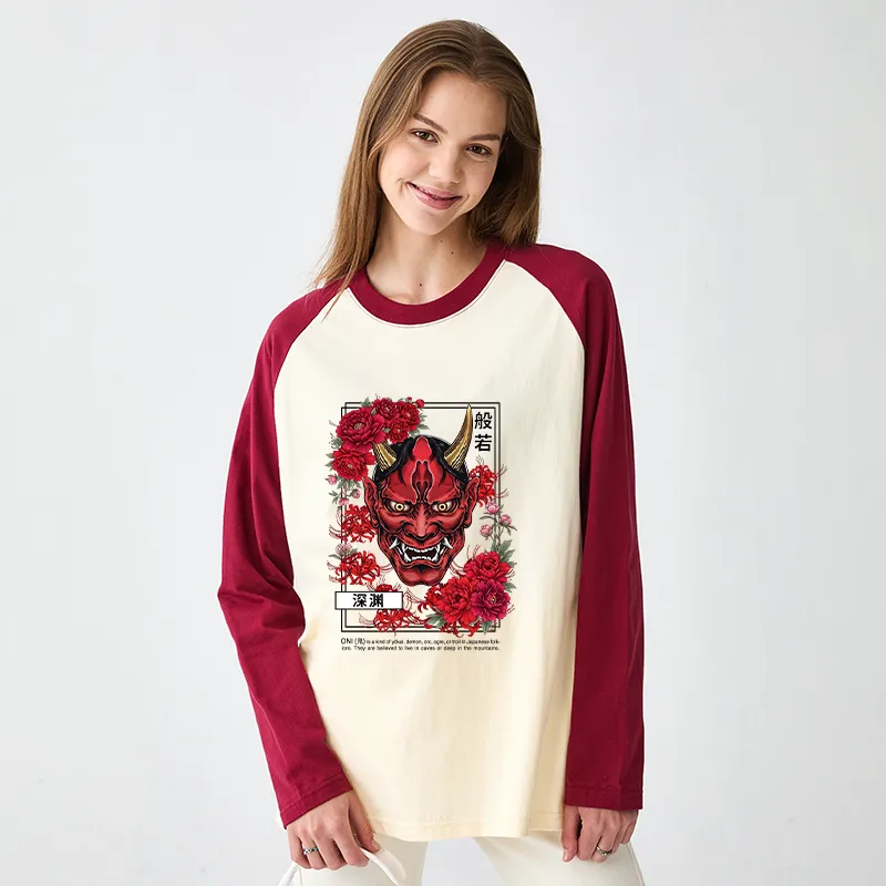 Tokyo-Tiger Cool Oni Floral Art Raglan Long Sleeve T-shirt