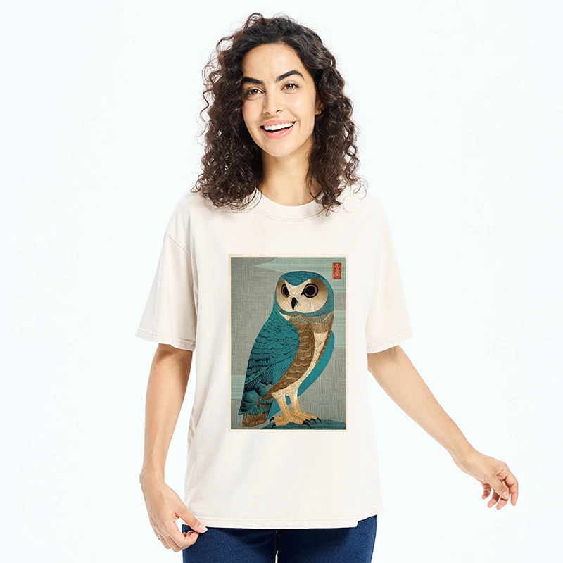 Tokyo-Tiger Vintage Owl Woodblock Art Washed T-Shirt