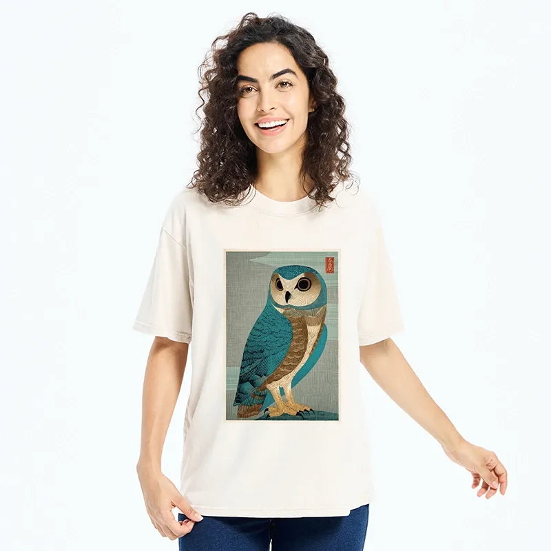 Tokyo-Tiger Vintage Owl Woodblock Art Washed T-Shirt