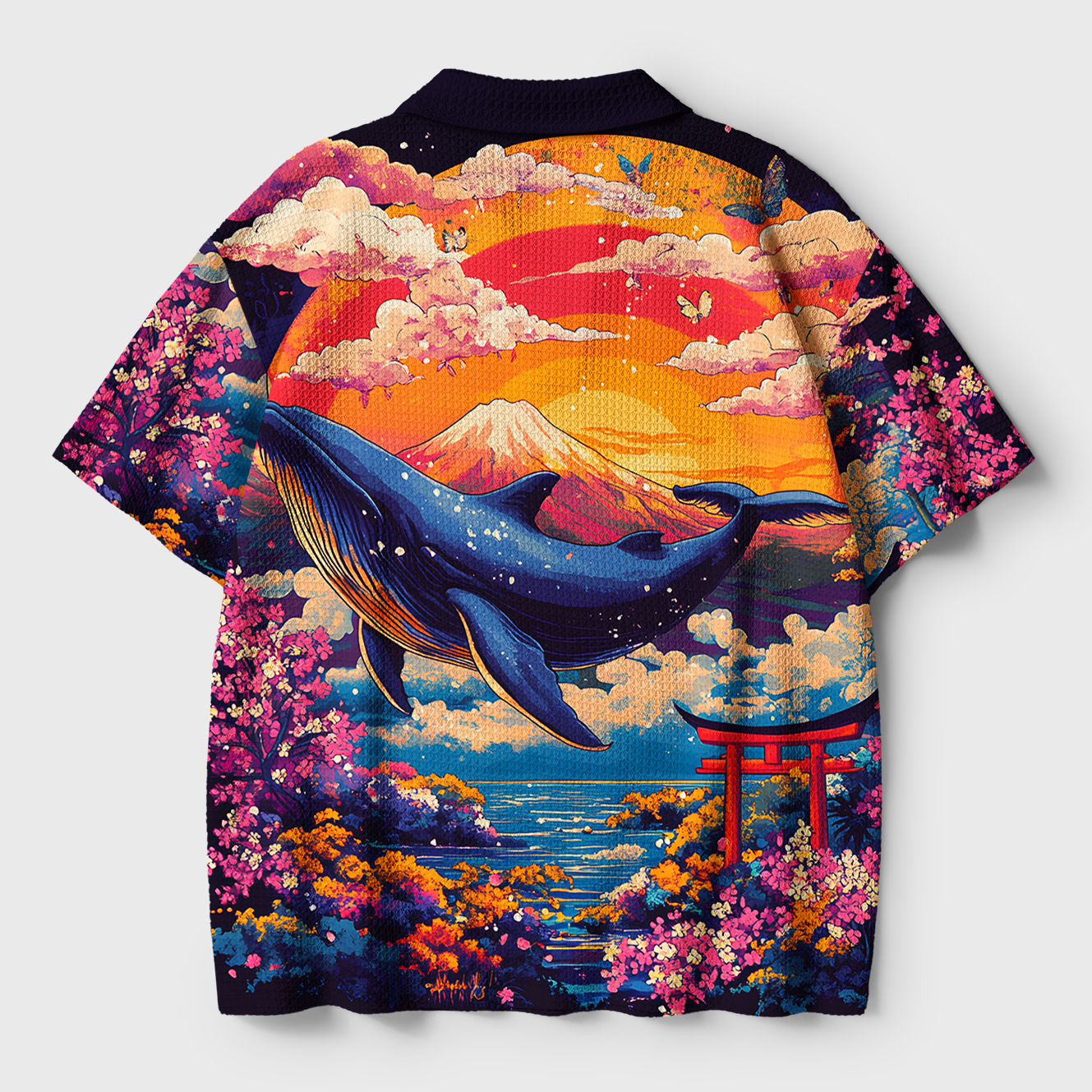 Tokyo-Tiger Whale Over The Sea Of Flowers Crochet Polo Shirt