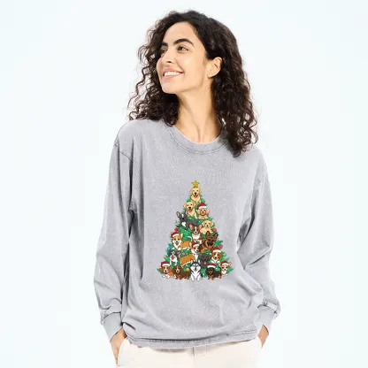 Tokyo-Tiger Christmas Tree Dog Funny Washed Long Sleeve T-Shirt