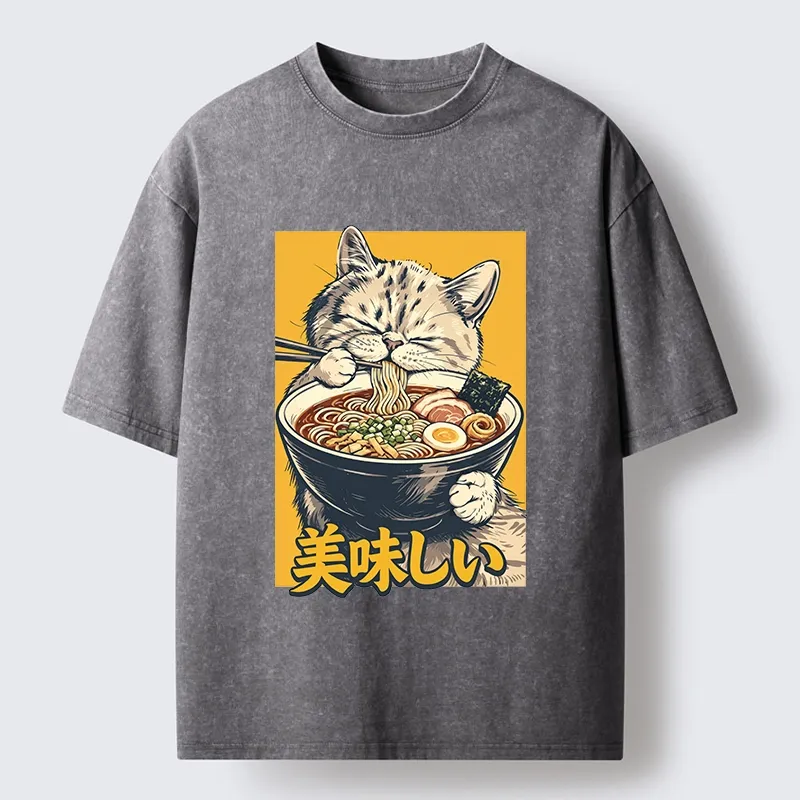 Tokyo‑Tiger Cat Eat Ramen Washed T‑Shirt
