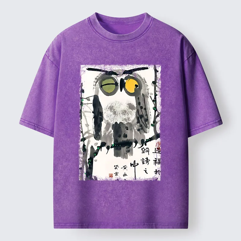 Tokyo-Tiger Oriental Ink Owl Art Washed T-Shirt