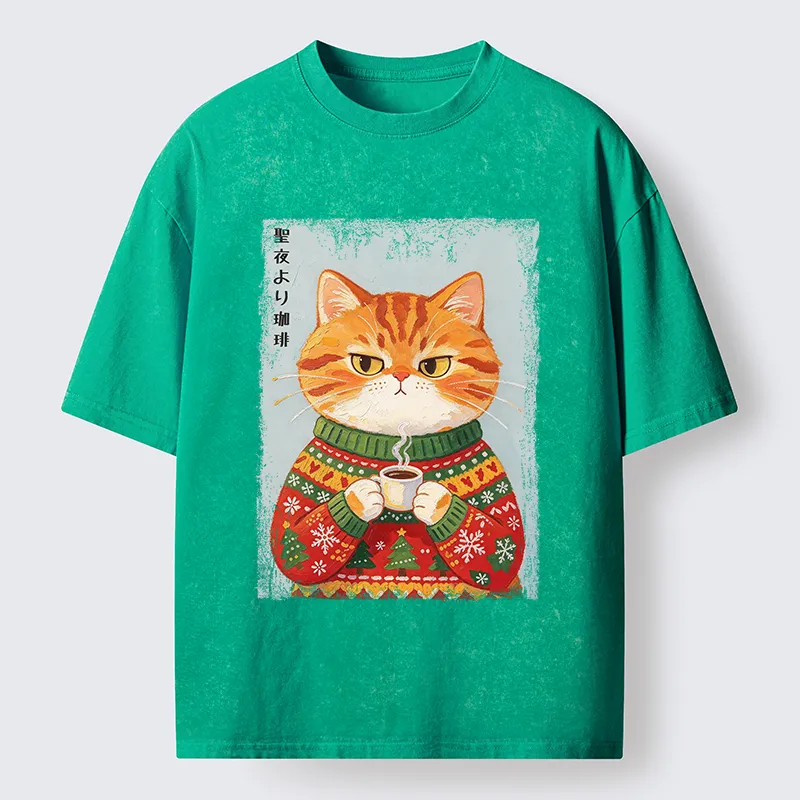 Tokyo-Tiger Christmas Coffee Cat Art Washed T-Shirt