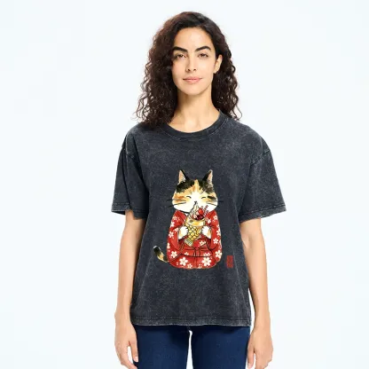 Tokyo-Tiger Enjoying Japanese Taiyaki Washed T-Shirt