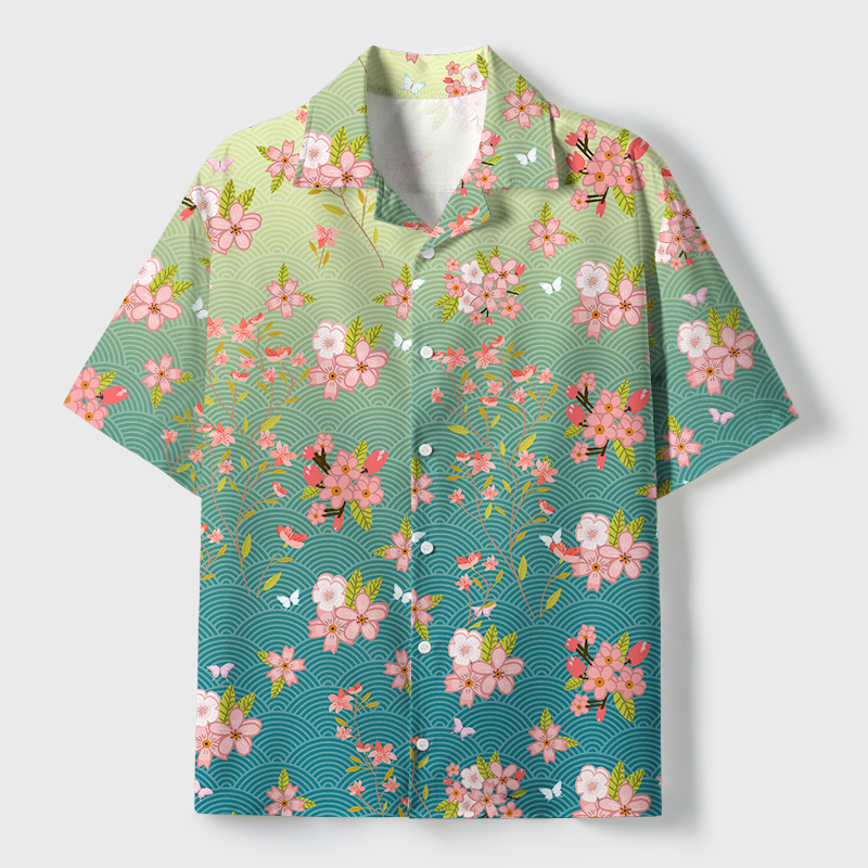Tokyo-Tiger Sakura Blossom Waves Cuban Collar Shirt