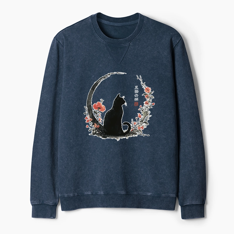 Tokyo-Tiger Black Cat And Flowers Washed Terry Sweatshirt
