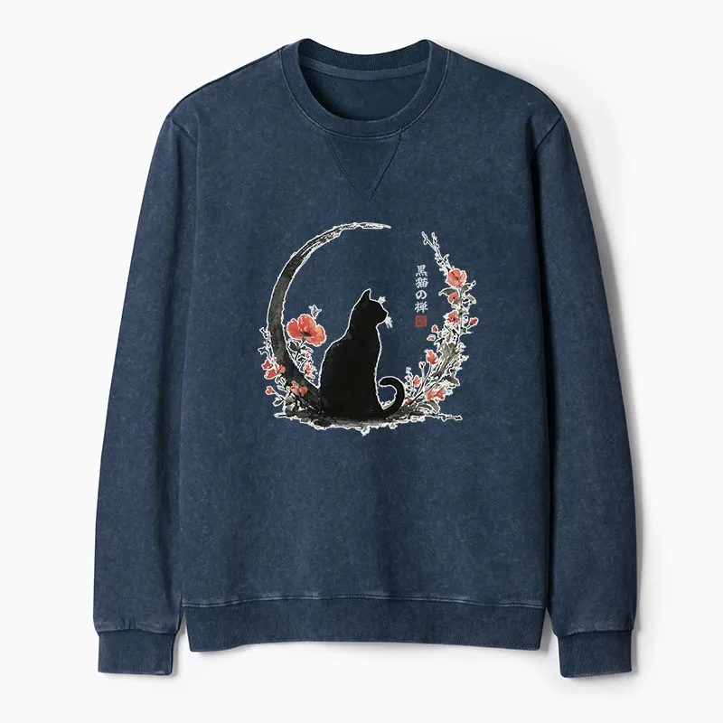 Tokyo-Tiger Black Cat And Flowers Washed Terry Sweatshirt