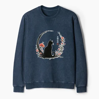 Tokyo-Tiger Black Cat And Flowers Washed Terry Sweatshirt