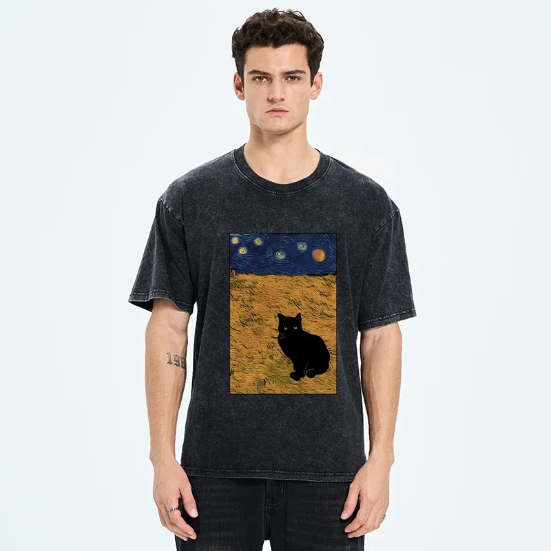 Tokyo-Tiger Cat In The Field Under Starry Sky Washed T-Shirt