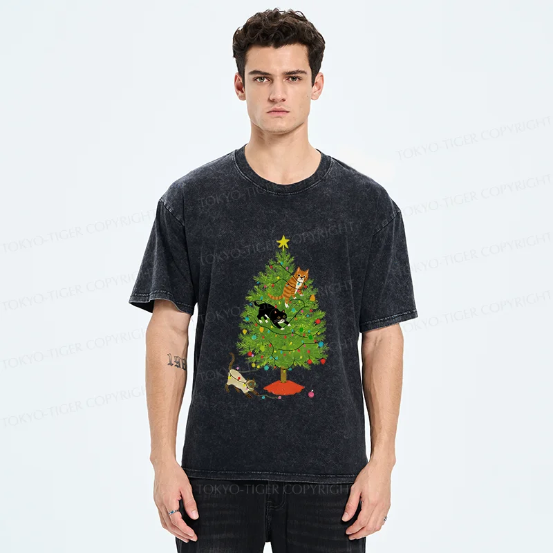 Tokyo-Tiger Cats Playing On The Christmas Tree Washed T-Shirt