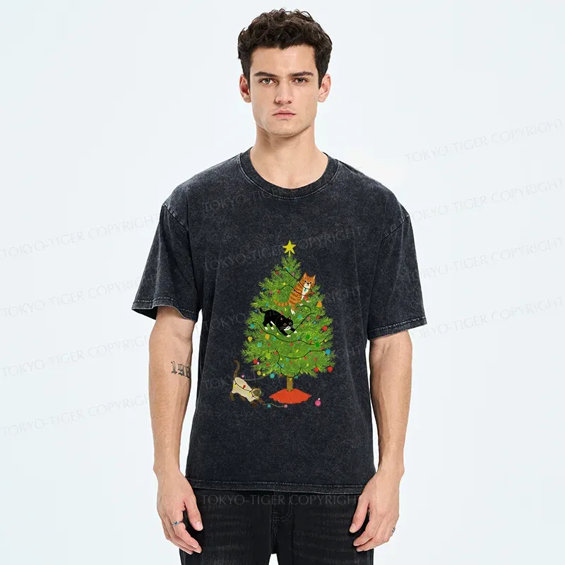 Tokyo-Tiger Cats Playing On The Christmas Tree Washed T-Shirt