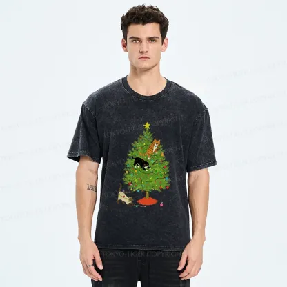 Tokyo-Tiger Cats Playing On The Christmas Tree Washed T-Shirt