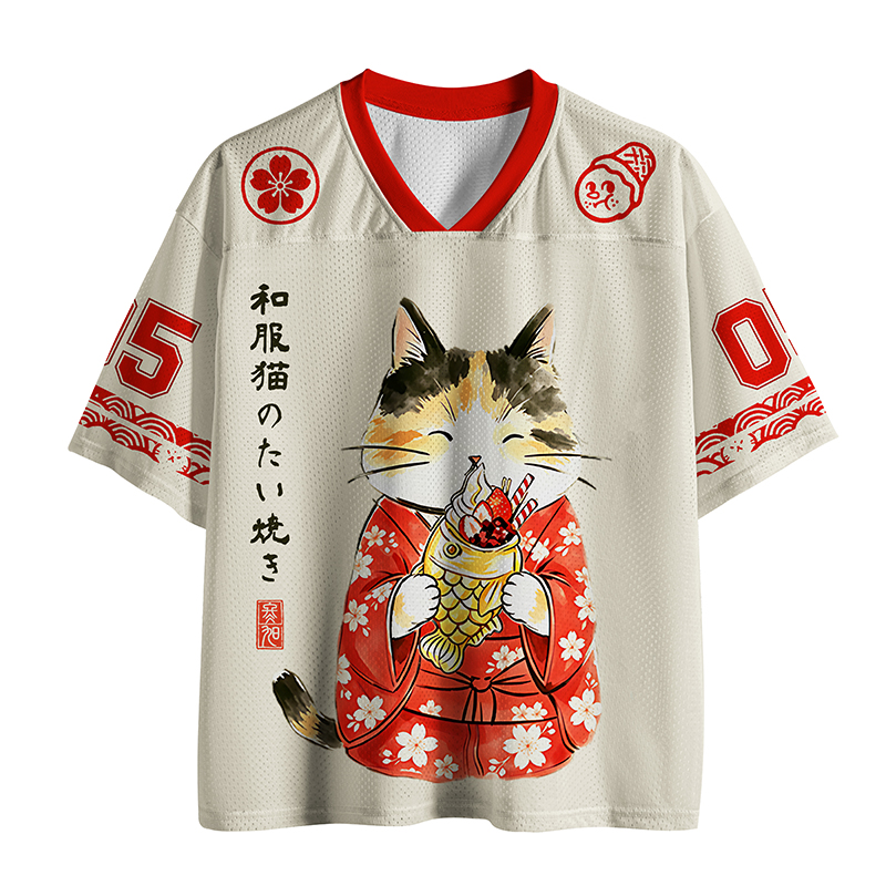 Tokyo-Tiger Kimono Cat Enjoying Taiyaki Mesh Jersey