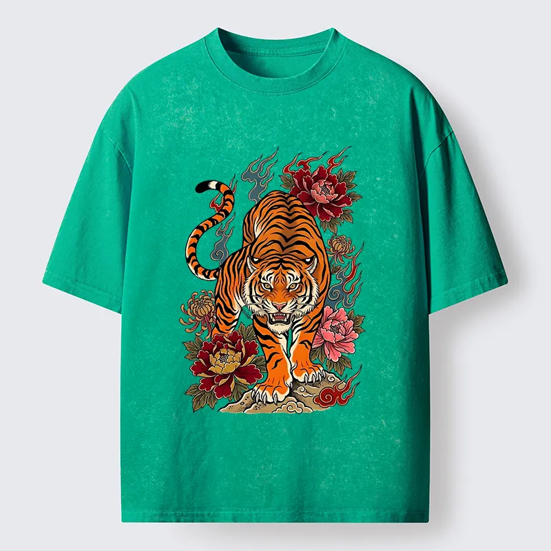 Tokyo-Tiger Floral Tiger Art Washed T-Shirt