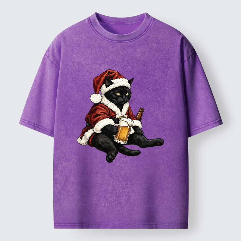 Tokyo-Tiger Chill Santa Black Cat Beer Time Washed T-Shirt