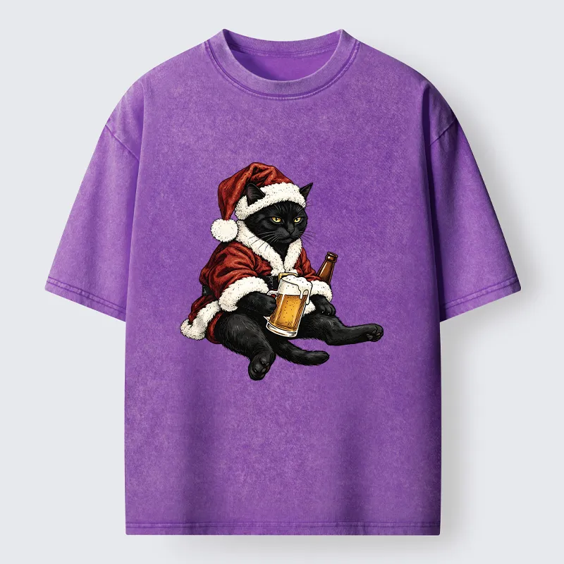Tokyo-Tiger Chill Santa Black Cat Beer Time Washed T-Shirt