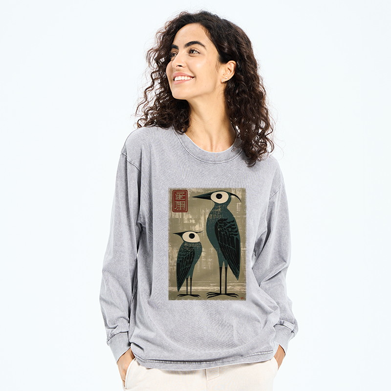 Tokyo-Tiger Retro Two Birds Art Washed Long Sleeve T-Shirt