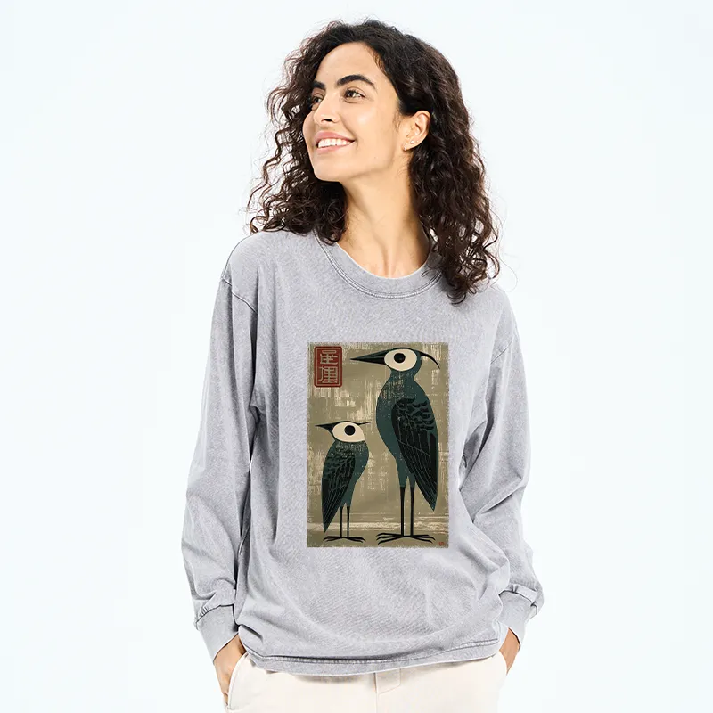 Tokyo-Tiger Retro Two Birds Art Washed Long Sleeve T-Shirt