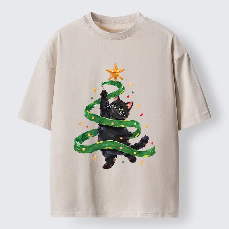 Tokyo‑Tiger Black Cat Christmas Tree Ribbon Washed T‑Shirt Sale