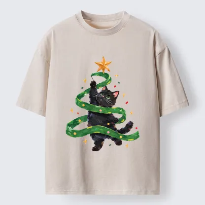 Tokyo-Tiger Black Cat Christmas Tree Ribbon Washed T-Shirt
