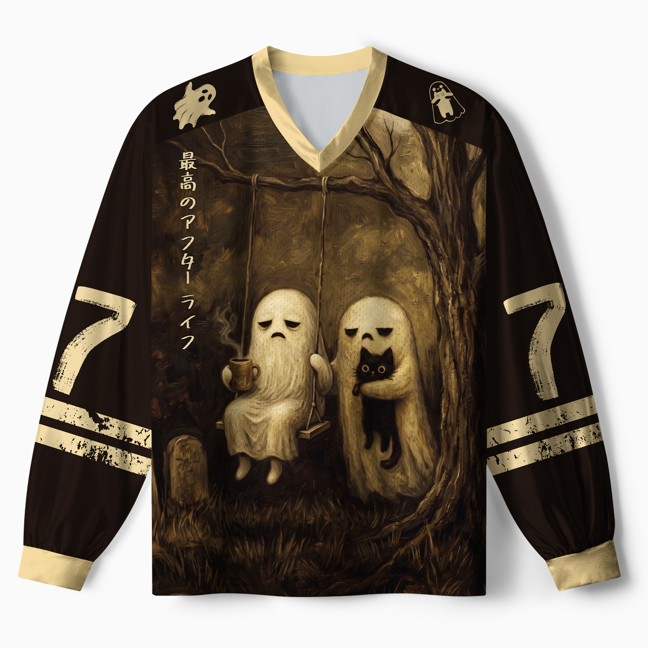 Tokyo-Tiger Best Afterlife Ghost & Black Cat Paneled Long Sleeve Jersey