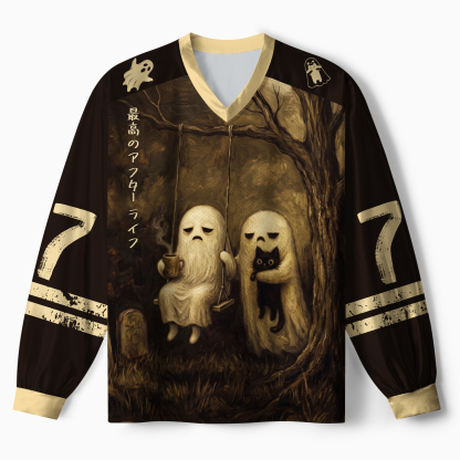 Tokyo-Tiger Best Afterlife Ghost & Black Cat Paneled Long Sleeve Jersey