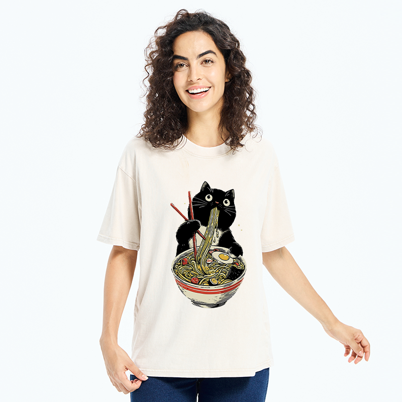 Tokyo-Tiger Black Cat Eats Ramen Japanese Washed T-Shirt