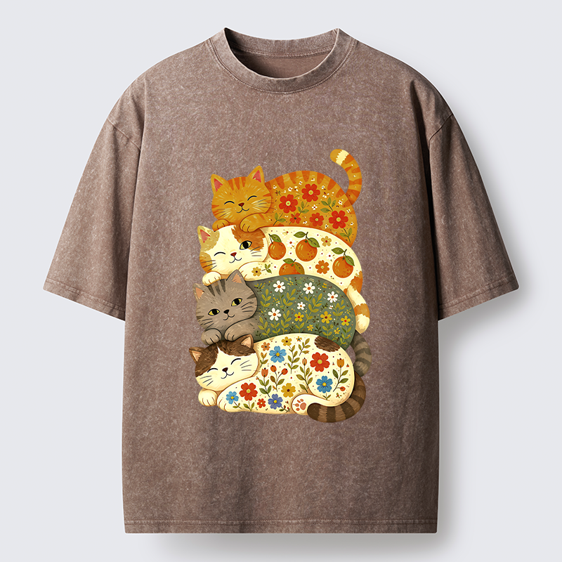 Tokyo‑Tiger Stacked Floral Cats Washed T‑Shirt