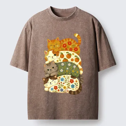 Tokyo‑Tiger Stacked Floral Cats Washed T‑Shirt