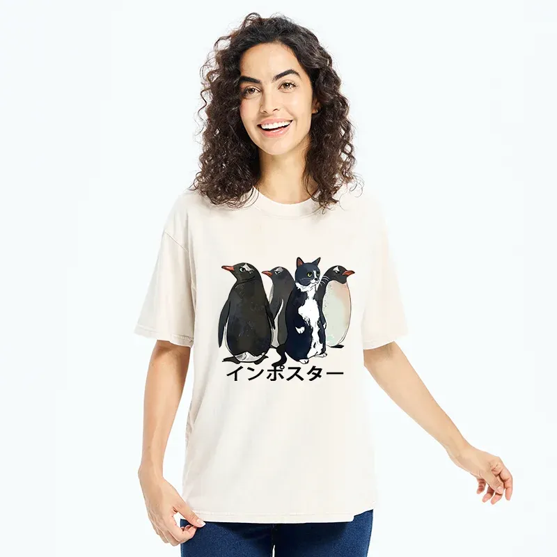 Tokyo-Tiger Imposter Among Penguins Washed T-Shirt