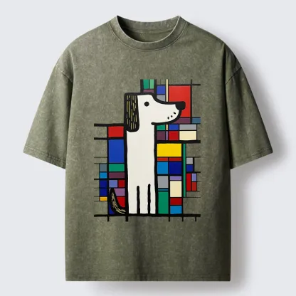 Tokyo-Tiger Geometric Cute Dog Art Washed T-Shirt