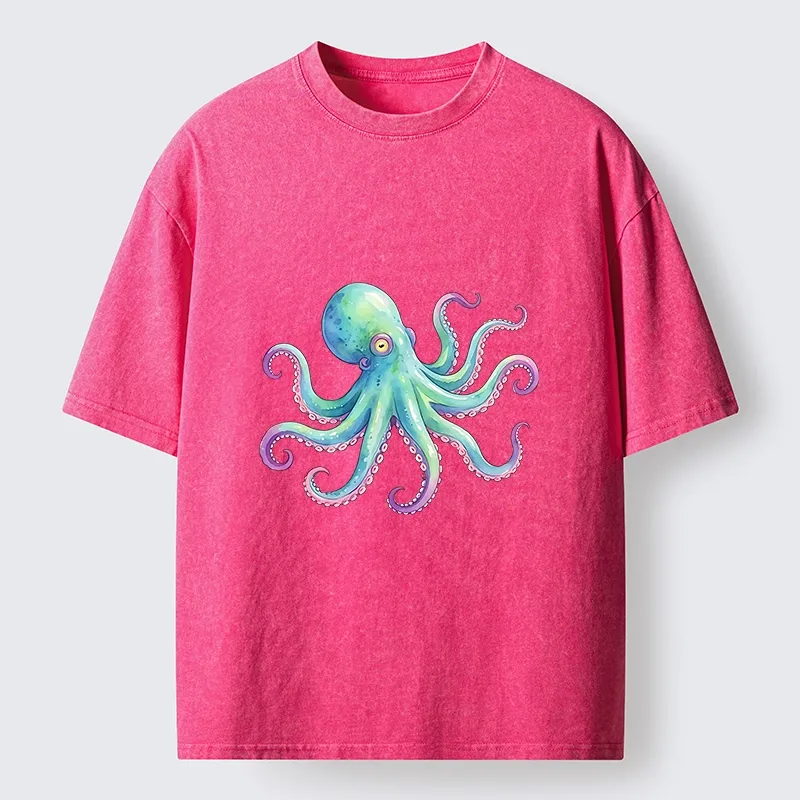 Tokyo‑Tiger Watercolor Octopus Washed T‑Shirt