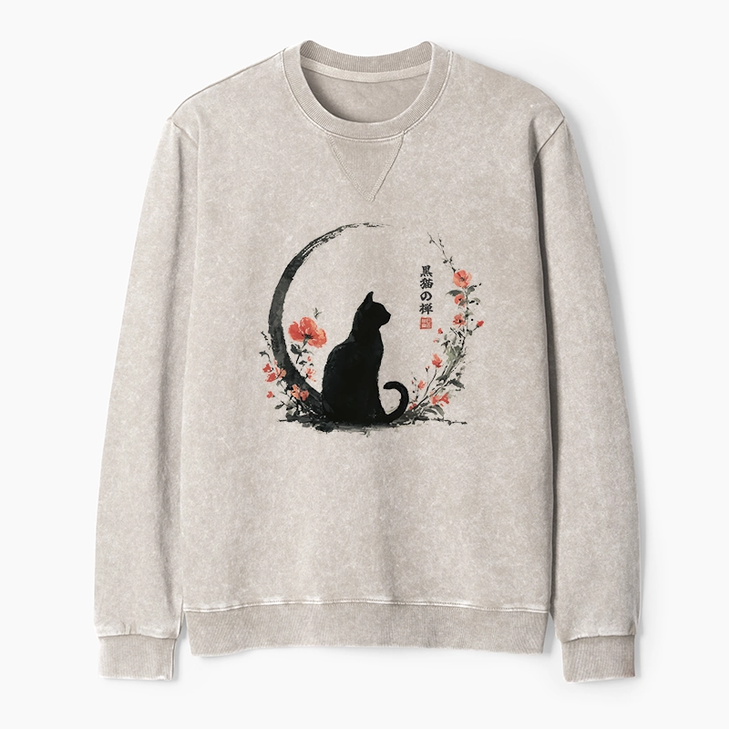 Tokyo-Tiger Black Cat And Flowers Washed Terry Sweatshirt