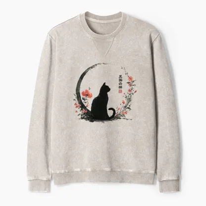 Tokyo-Tiger Black Cat And Flowers Washed Terry Sweatshirt
