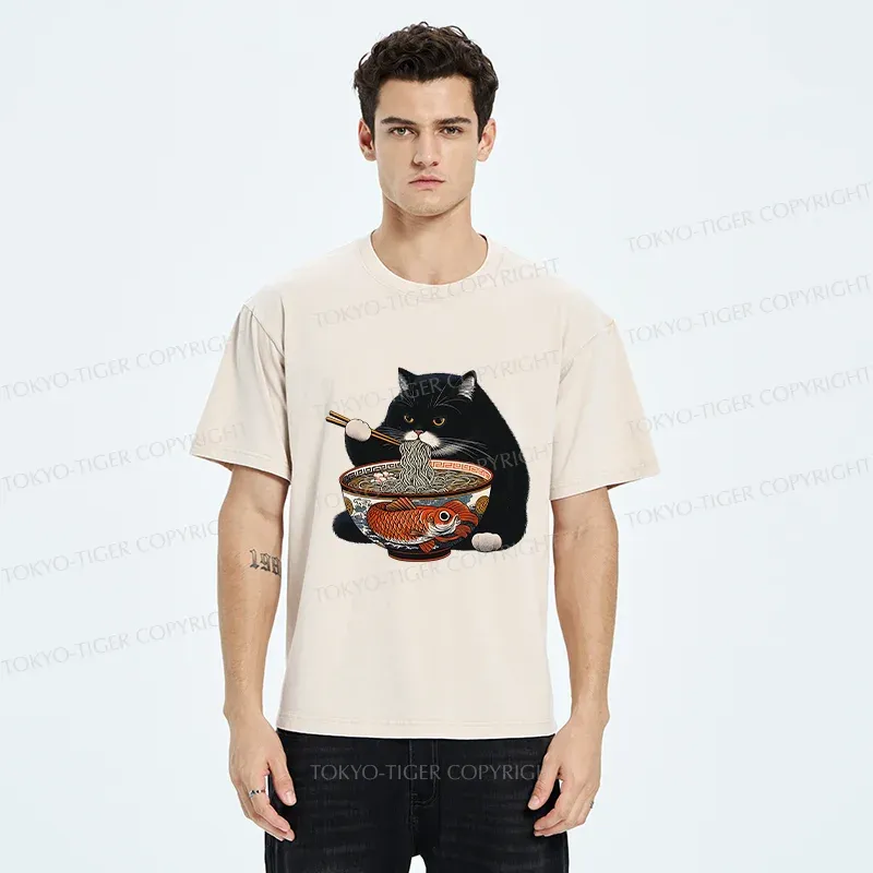 Tokyo-Tiger Fat Cat Eating Ramen Washed T-Shirt