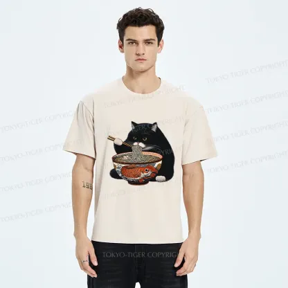 Tokyo-Tiger Fat Cat Eating Ramen Washed T-Shirt