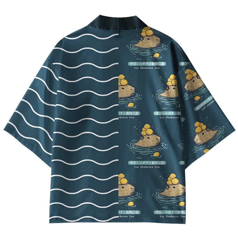 Tokyo-Tiger Capybara Bathing In Hot Springs Kimono Cardigan