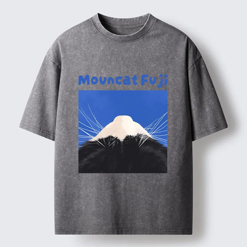 Tokyo-Tiger Cute Cat Fuji Mountain Art Washed T-Shirt
